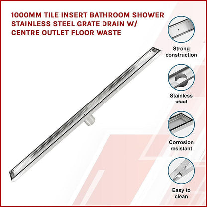 900mm Tile Insert Bathroom Shower Stainless Steel Grate Drain w/Centre outlet Floor Waste