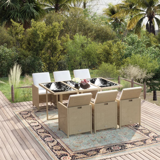 7 Piece Garden Dining Set with Cushions Poly Rattan Beige
