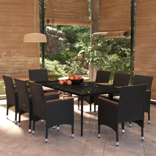 9 Piece Garden Dining Set with Cushions Black