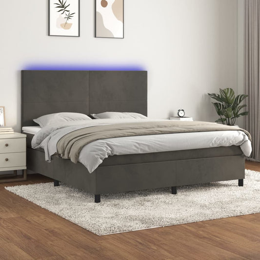 Box Spring Bed with Mattress&LED Dark Grey 153x203 cm Queen Size Velvet