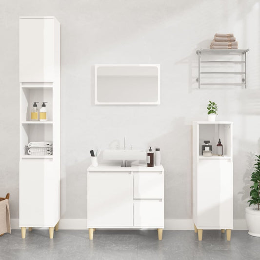 3 Piece Bathroom Furniture Set High Gloss White Engineered Wood