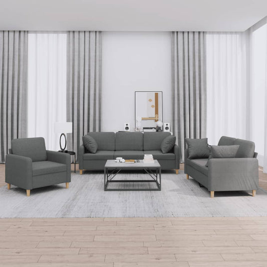 3 Piece Sofa Set with Pillows Dark Grey Fabric