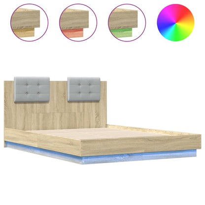 Bed Frame with Headboard and LED Lights Sonoma Oak 135x190 cm