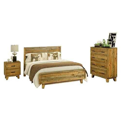 4 Pieces Bedroom Suite King Size in Solid Wood Antique Design Light Brown Bed, Bedside Table & Tallboy
