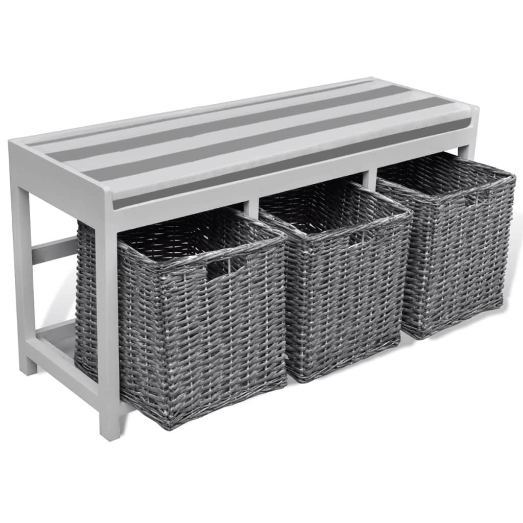 White Storage & Entryway Bench with Cushion Top 3 Basket