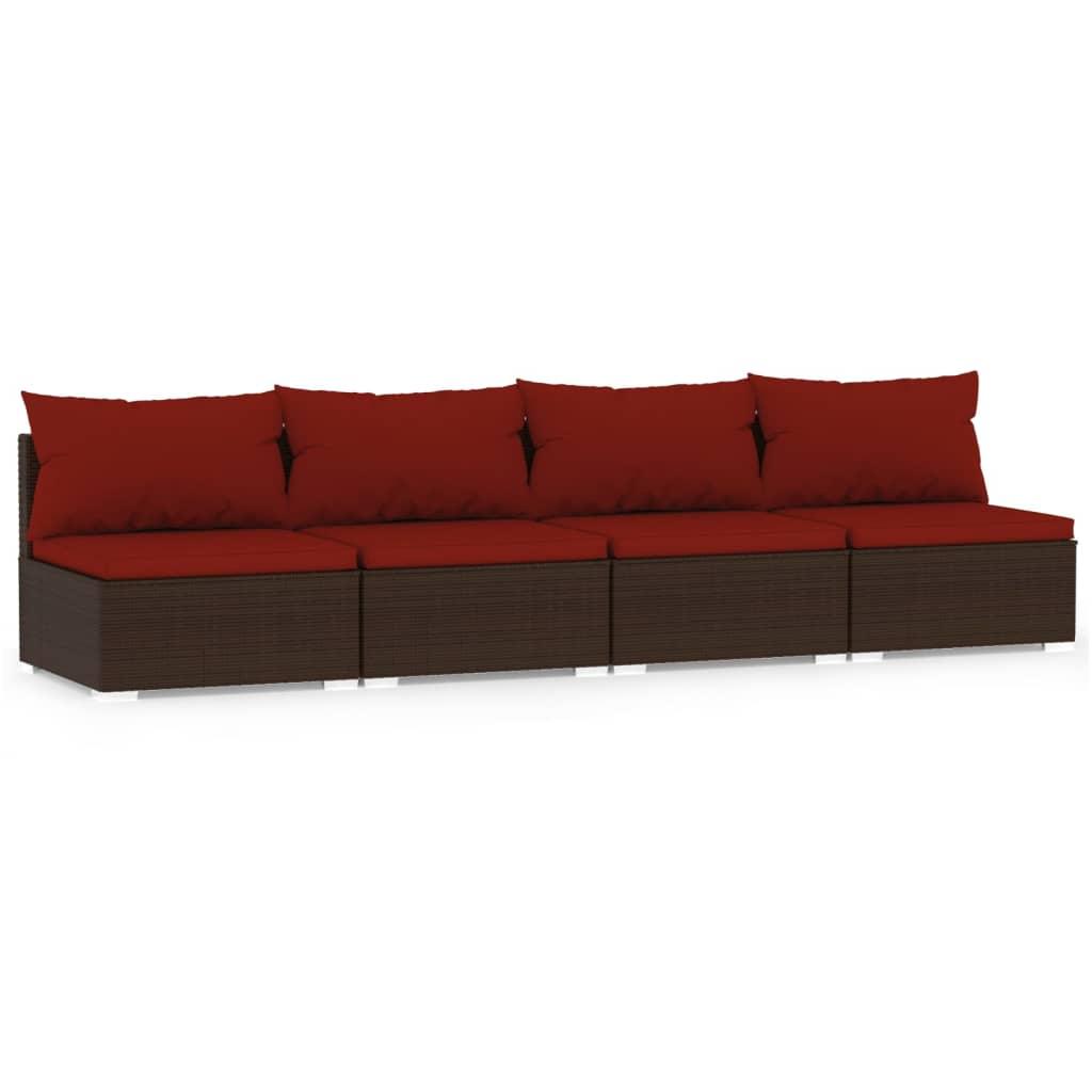 4-Seater Sofa with Cushions Brown Poly Rattan