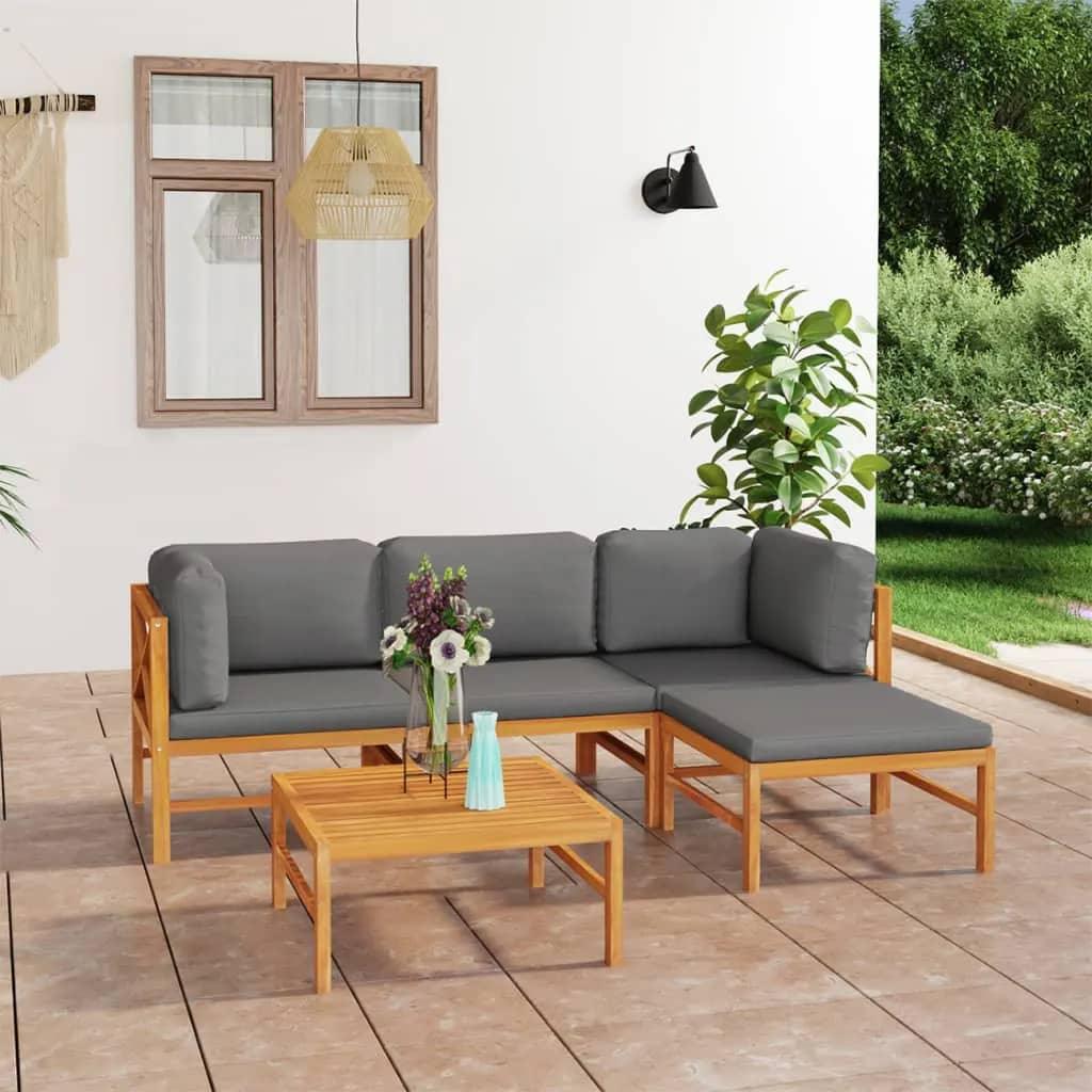 5 Piece Garden Lounge Set with Grey Cushions Solid Teak Wood