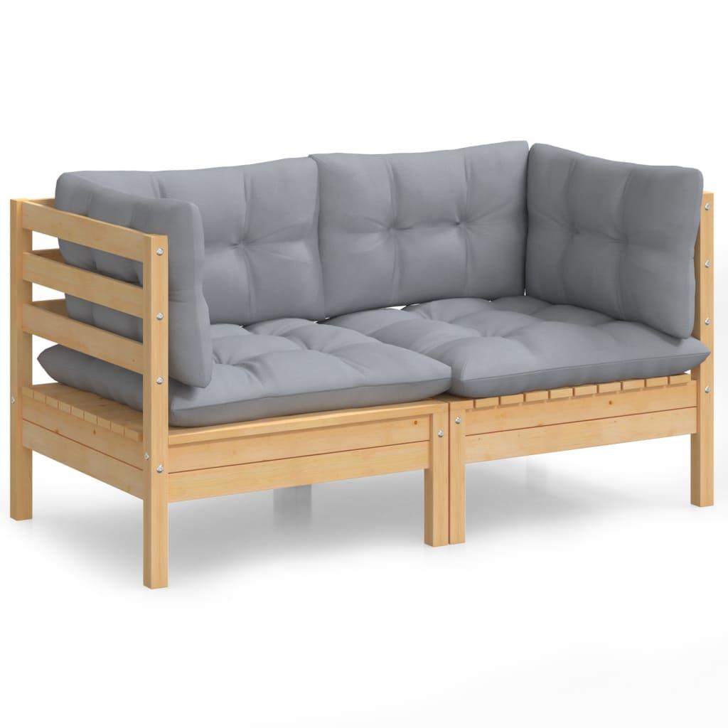 2-Seater Garden Sofa with Grey Cushions Solid Wood Pine