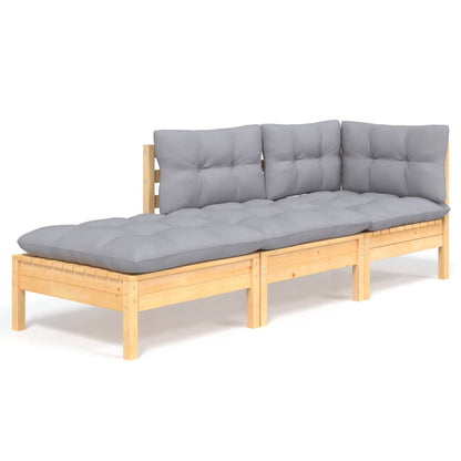 3 Piece Garden Lounge Set with Grey Cushions Solid Wood Pine