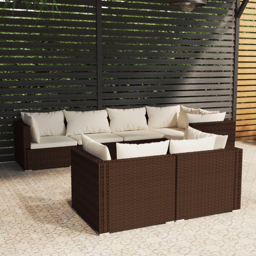 7 Piece Garden Lounge Set with Cushions Brown Poly Rattan
