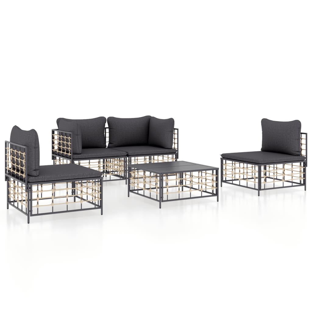 5 Piece Garden Lounge Set with Cushions Anthracite Poly Rattan