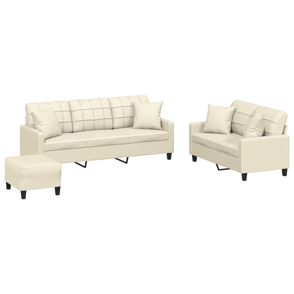 3 Piece Sofa Set with Pillows Cream Faux Leather