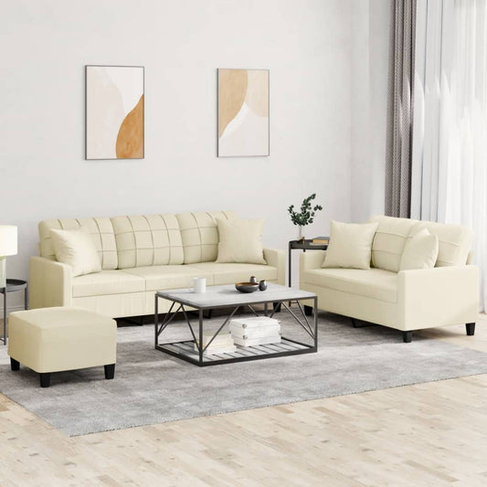 3 Piece Sofa Set with Pillows Cream Faux Leather
