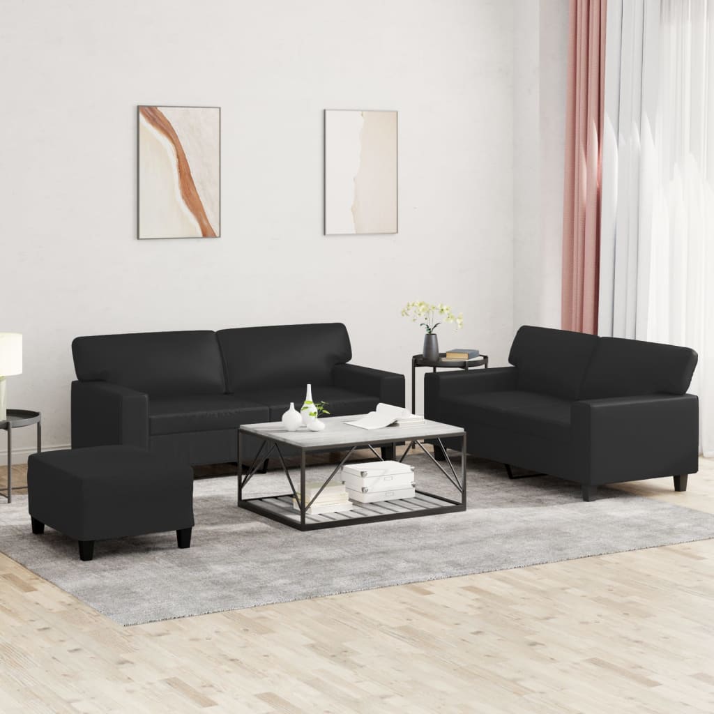 3 Piece Sofa Set Black Faux Leather