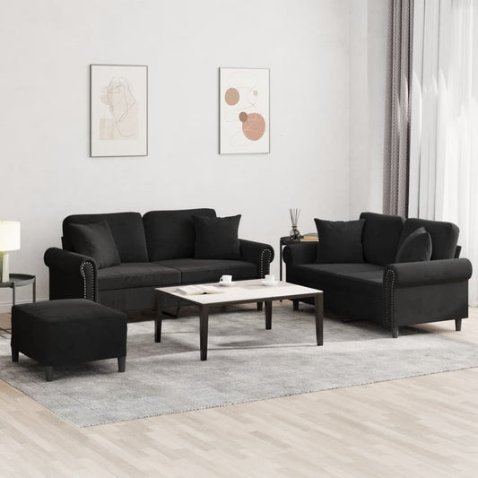 3 Piece Sofa Set with Pillows Black Velvet