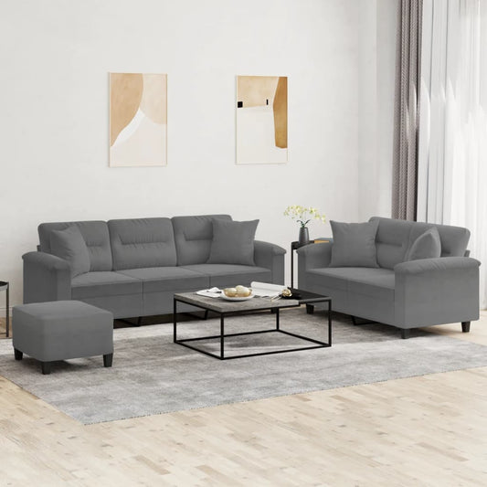3 Piece Sofa Set with Pillows Dark Grey Microfibre Fabric