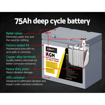 Giantz AGM Deep Cycle Battery 12V 75Ah Marine Sealed Power Portable Box Solar X2