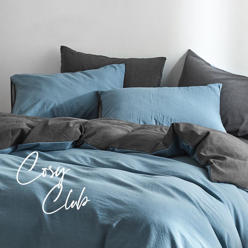 Cosy Club Quilt Cover Set Cotton Duvet Queen Blue Dark Blue