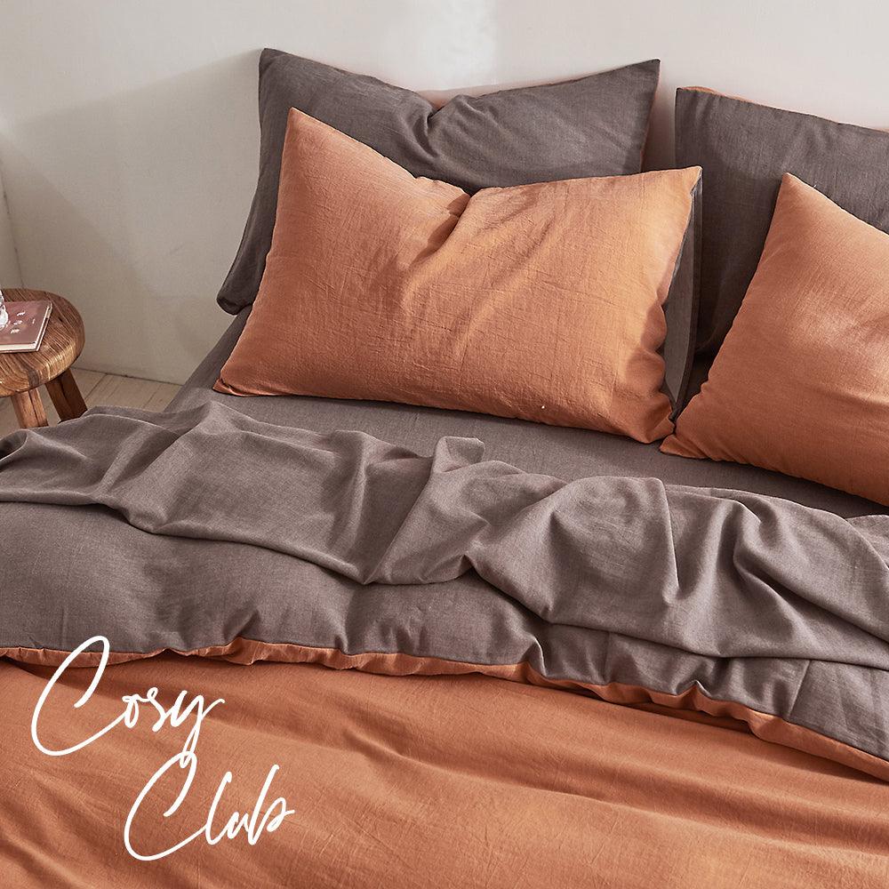 Cosy Club Quilt Cover Set Cotton Duvet Queen Orange Brown