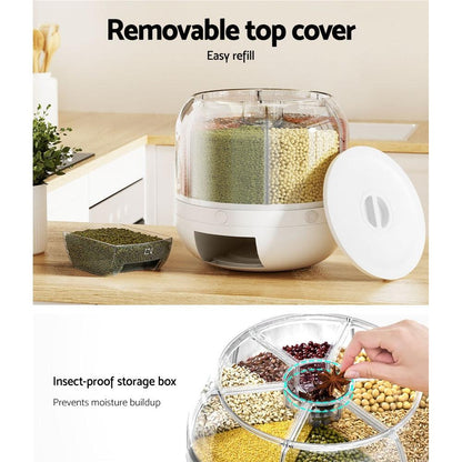 6-In-1 Cereal Dispenser Rotating Grain Container 10KG Rice Storage Dry Food Box