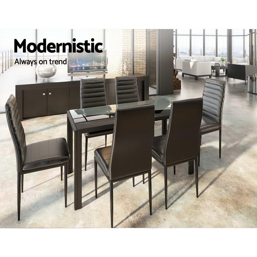 Artiss Astra 7-Piece Set Tempered Glass Dining Set Table and 6 Chairs Black