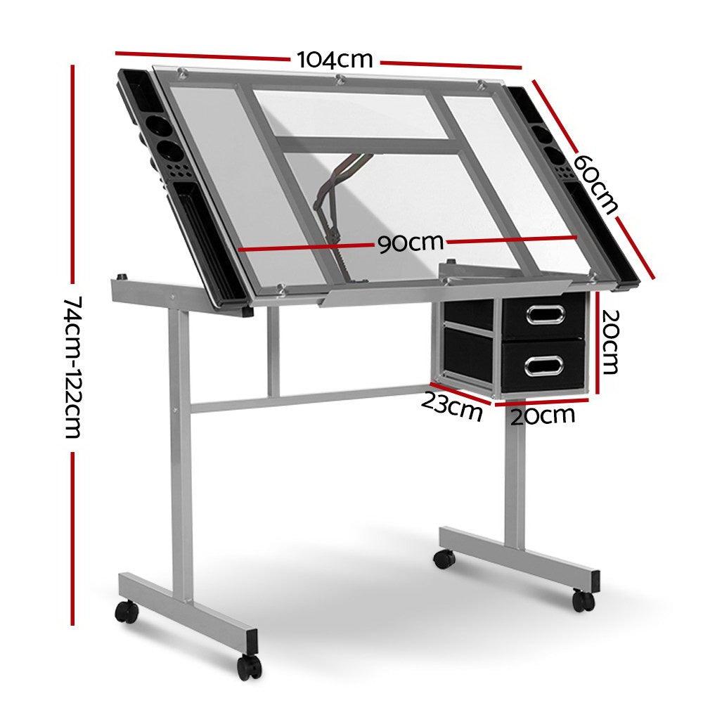 Artiss Drawing Desk Drafting Table Craft Adjustable Glass Art Tilt Drawers Grey