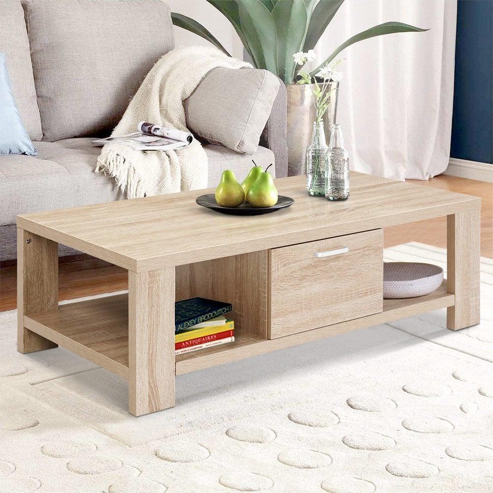 Artiss Coffee Table Wooden Shelf Storage Drawer Living Furniture Thick Tabletop