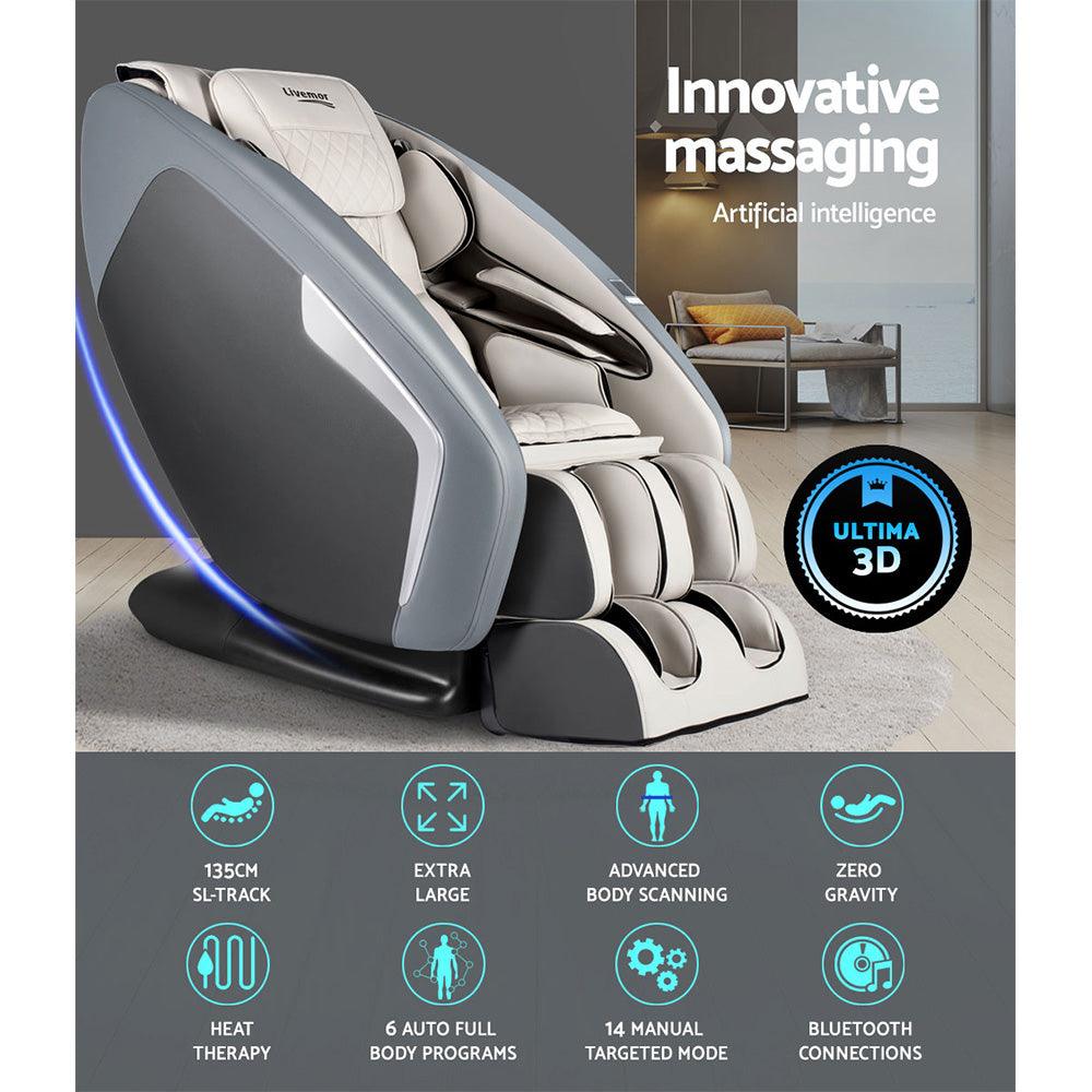 Livemor 3D Electric Massage Chair Shiatsu Kneading Massager Zero Gravity Large Grey