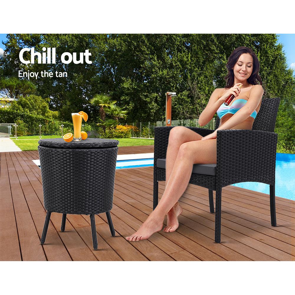Gardeon Outdoor Furniture Wicker Chairs Bar Table Cooler Ice Bucket Patio Bistro Set Coffee