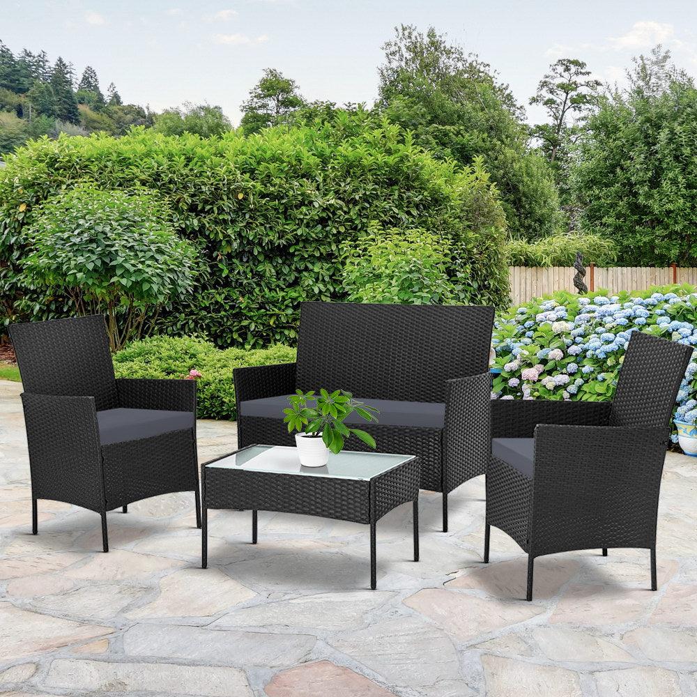 Gardeon Outdoor Furniture Lounge Setting Wicker Patio Dining Set w/Storage Cover Black
