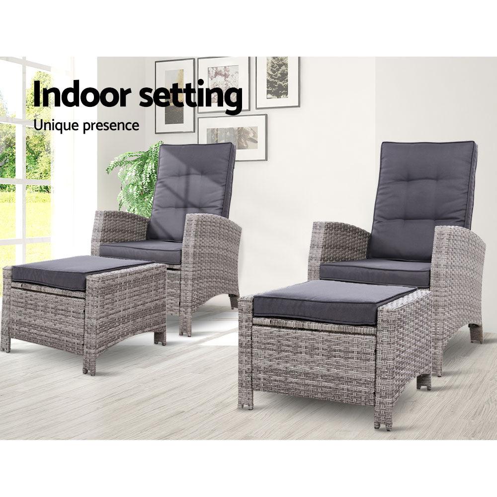 Set of 2 Sun lounge Recliner Chair Wicker Lounger Sofa Day Bed Outdoor Chairs Patio Furniture Garden Cushion Ottoman Gardeon
