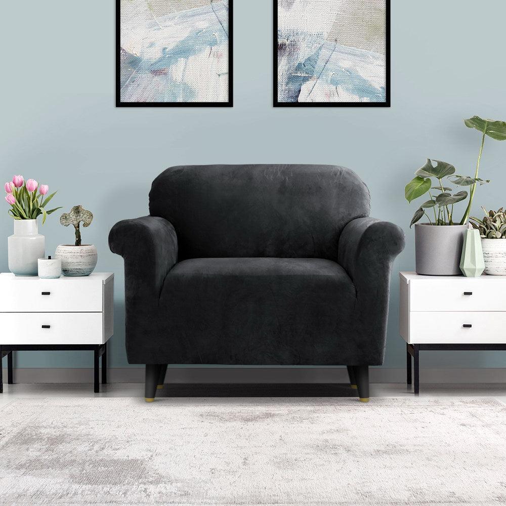 Artiss Velvet Sofa Cover Plush Couch Cover Lounge Slipcover 1 Seater Black