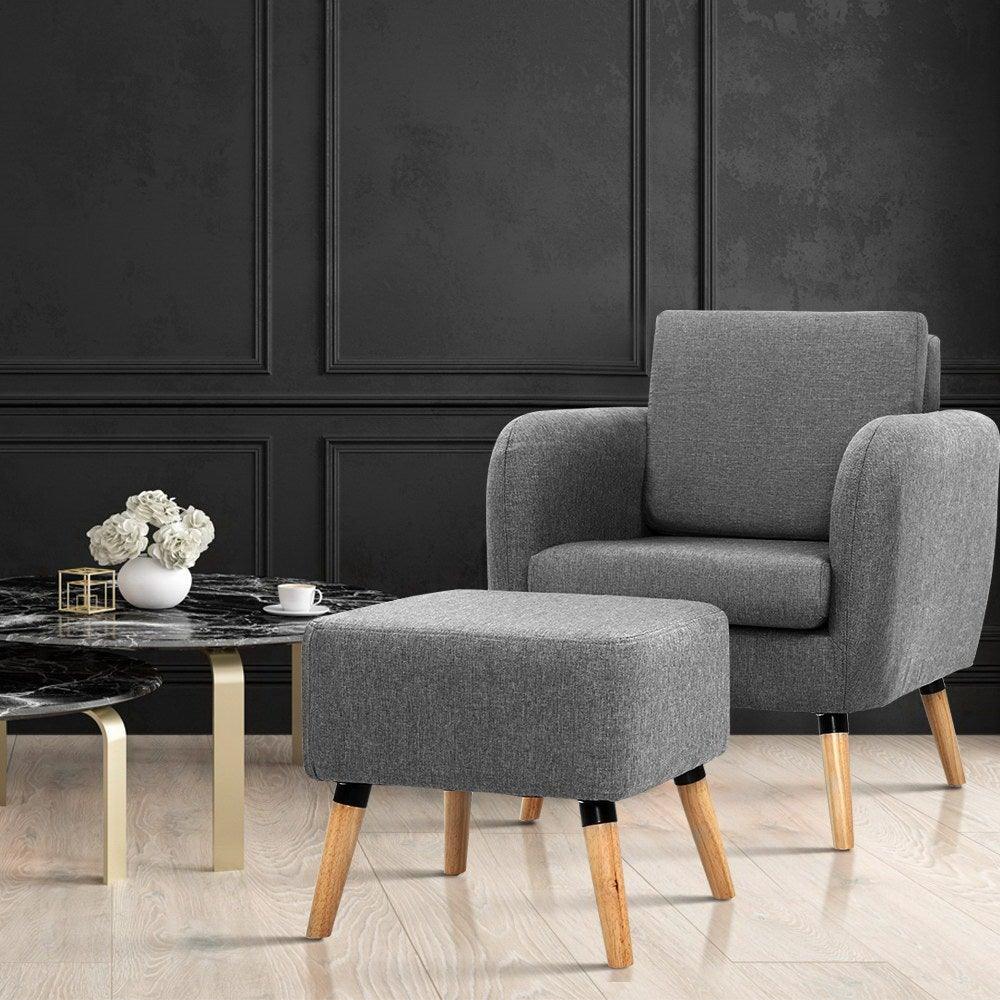 Artiss Lounge Chair Armchair with Ottoman Tub Accent Sofa Linen Fabric Grey