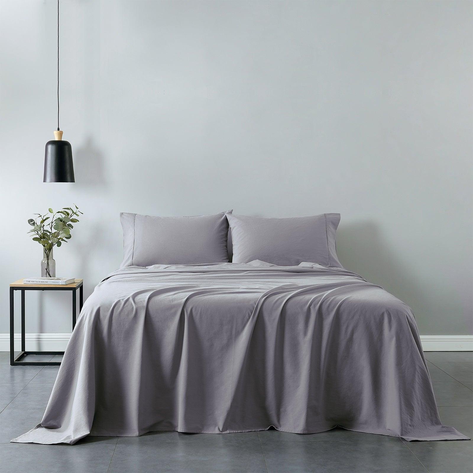 Royal Comfort Vintage Washed 100% Cotton Sheet Set Fitted Flat Sheet Pillowcases - Single - Grey