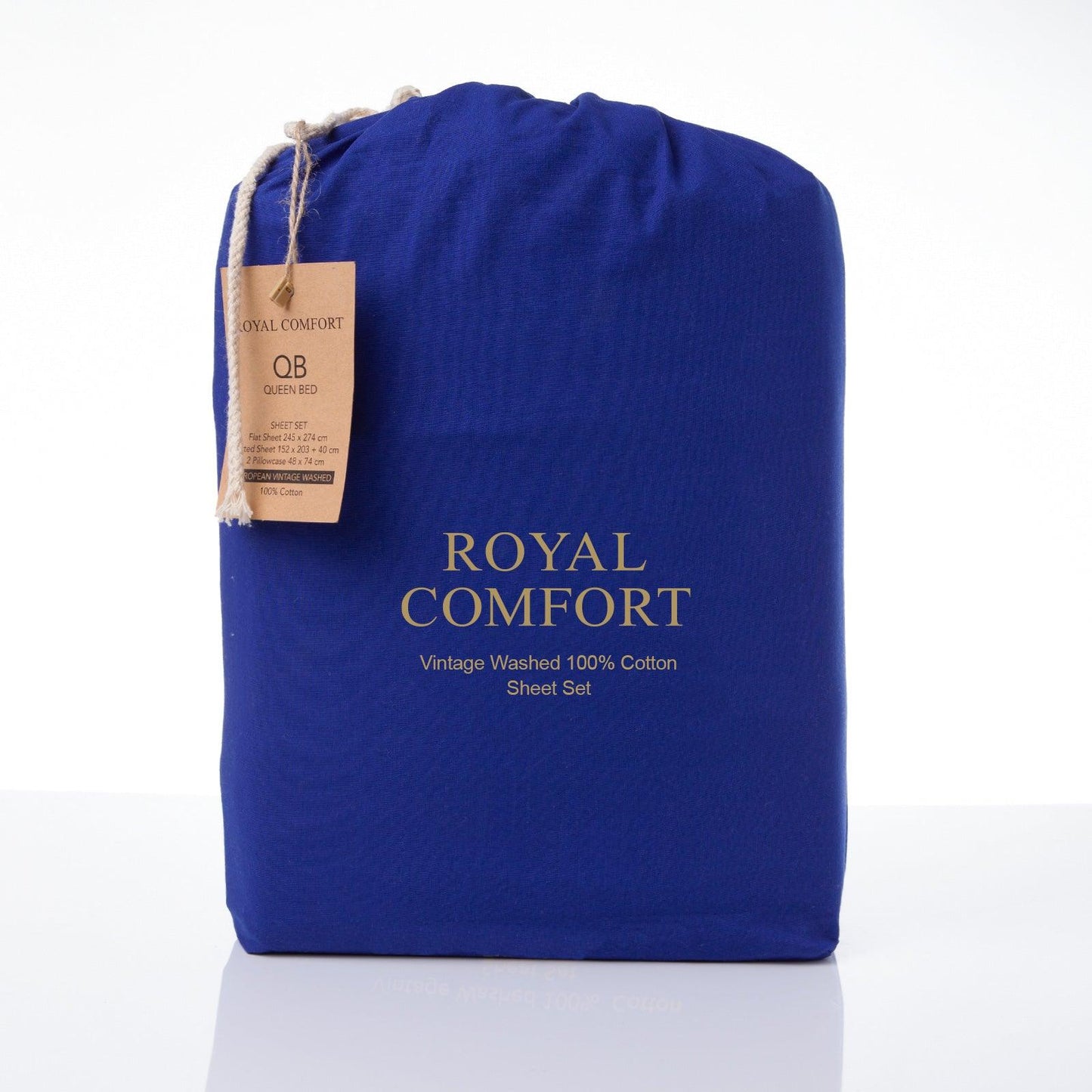 Royal Comfort Vintage Washed 100% Cotton Sheet Set Fitted Flat Sheet Pillowcases - Queen - Royal Blue