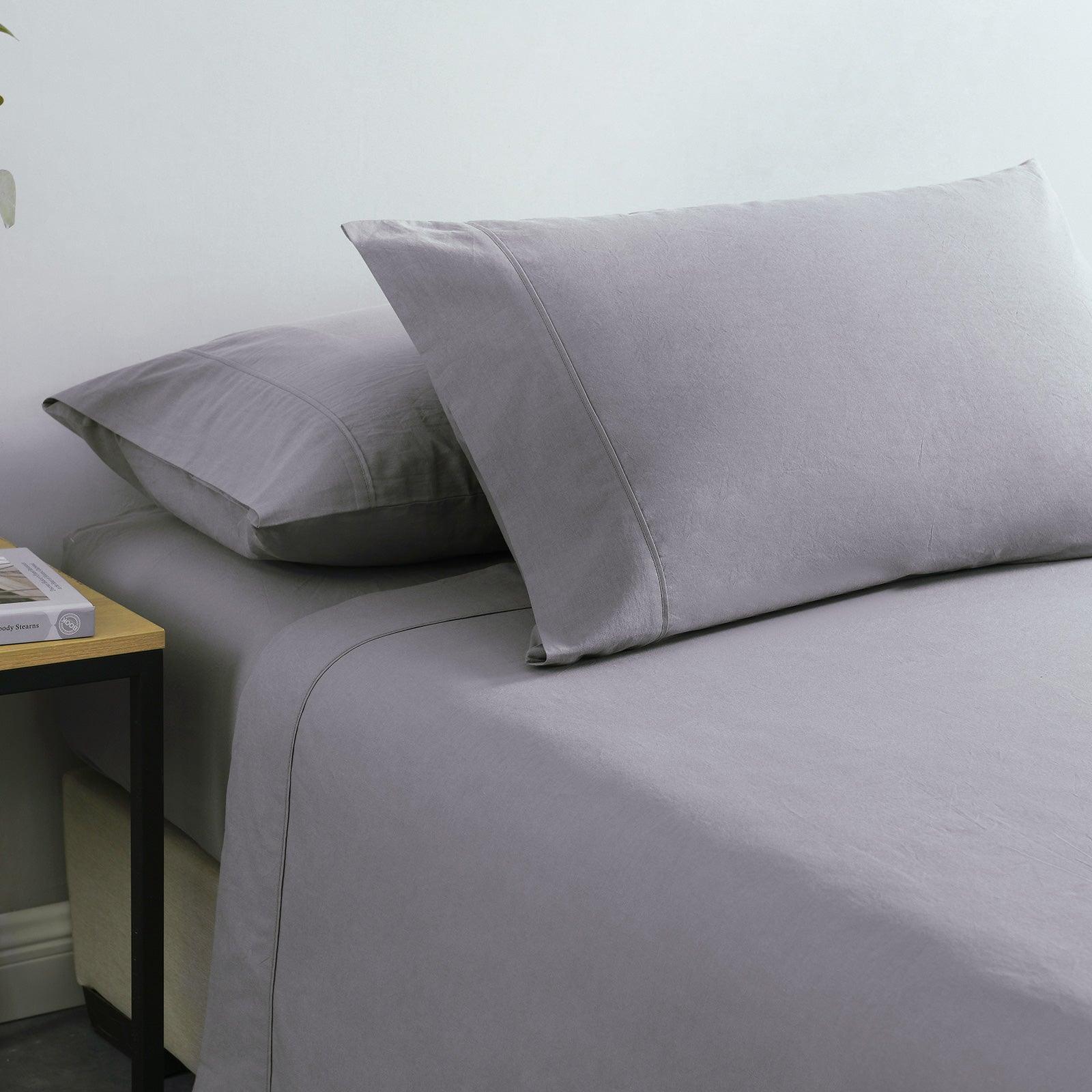 Royal Comfort Vintage Washed 100% Cotton Sheet Set Fitted Flat Sheet Pillowcases - Queen - Grey