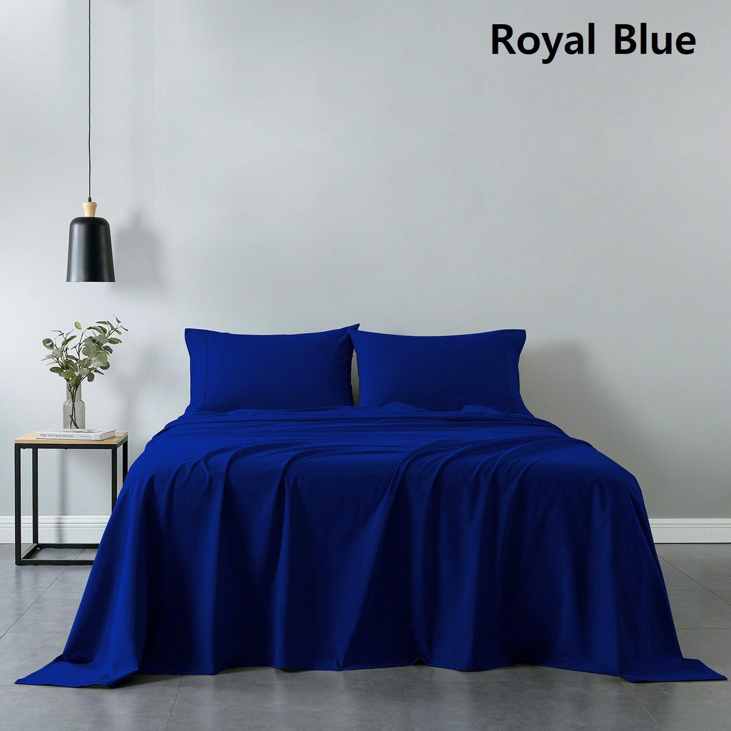 Royal Comfort Vintage Washed 100% Cotton Sheet Set Fitted Flat Sheet Pillowcases - King - Royal Blue
