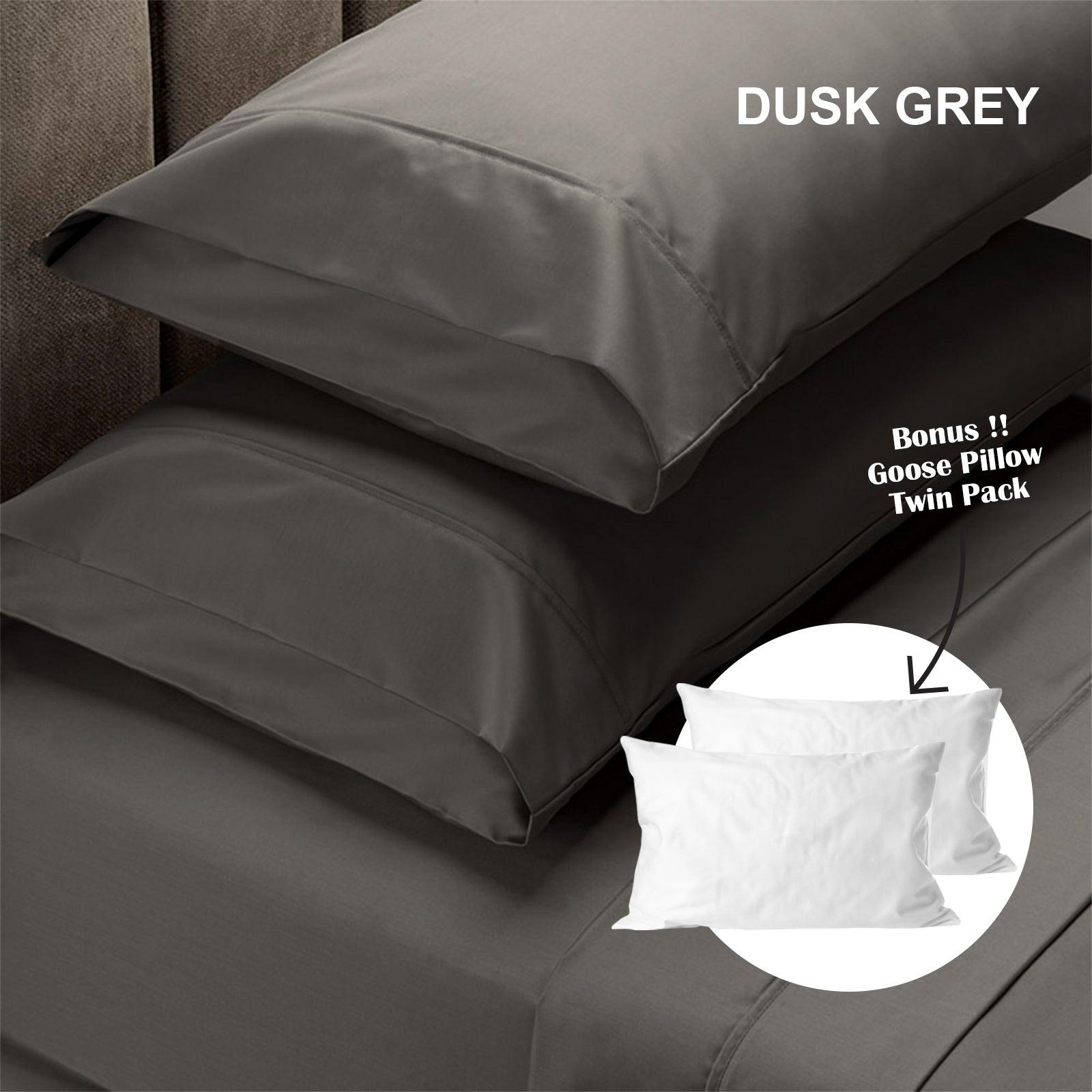 Royal Comfort 4 Piece 1500TC Sheet Set And Goose Feather Down Pillows 2 Pack Set - Double - Dusk Grey