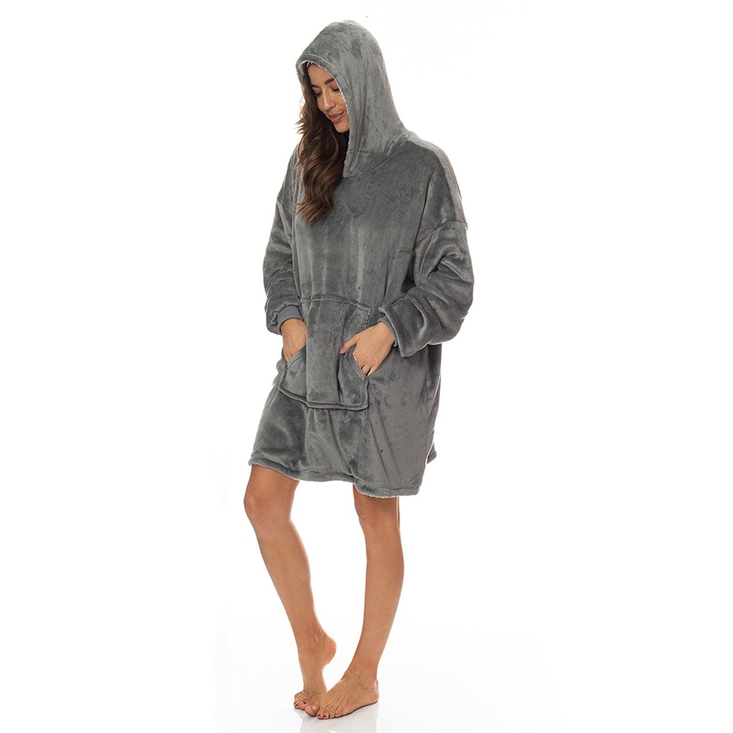 Royal Comfort Snug Hoodie Nightwear Super Soft Reversible Coral Fleece 750GSM - Grey