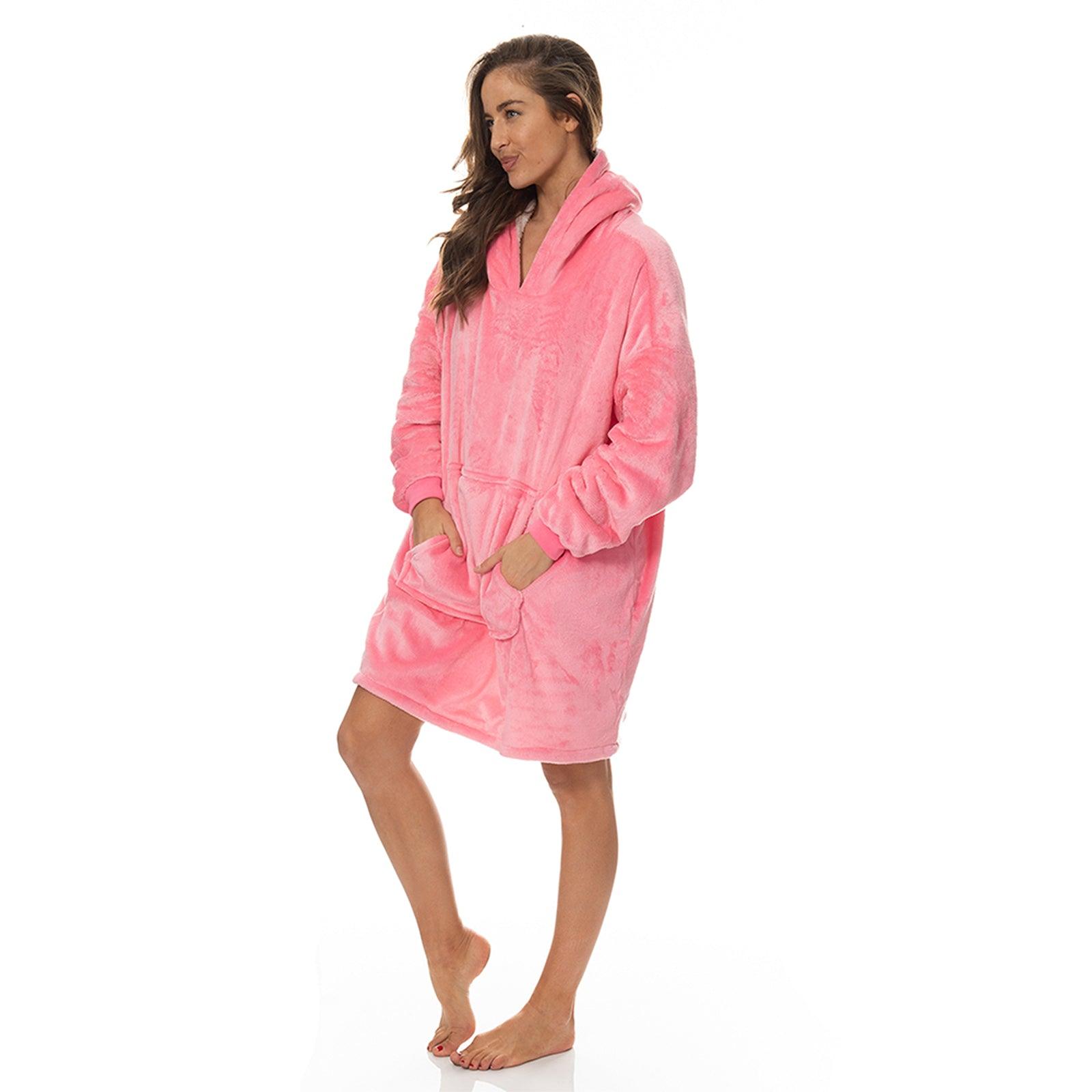 Royal Comfort Snug Hoodie Nightwear Super Soft Reversible Coral Fleece 750GSM - Pink