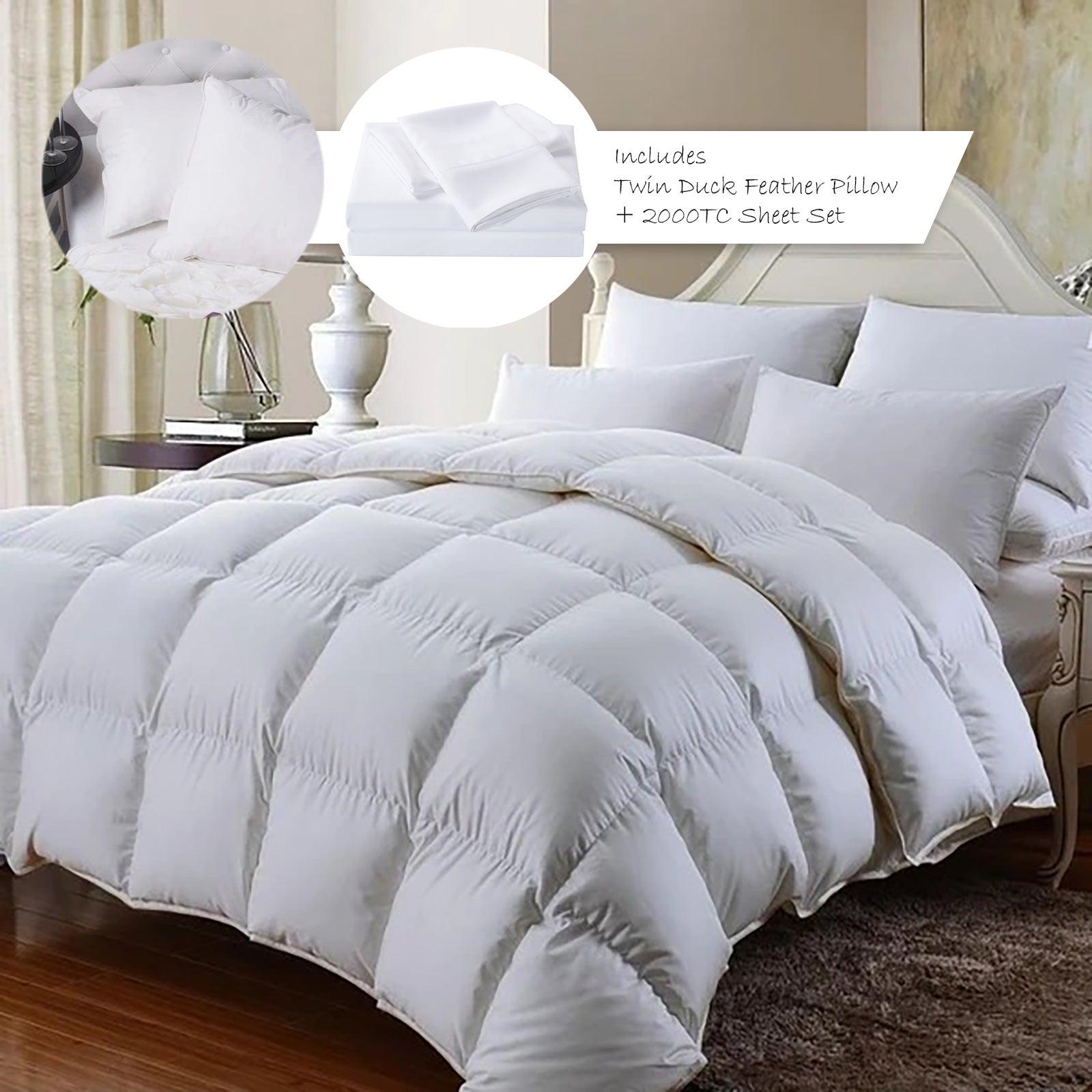 Royal Comfort 350GSM Bamboo Quilt 2000TC Sheet Set And 2 Pack Duck Pillows Set - Single - White