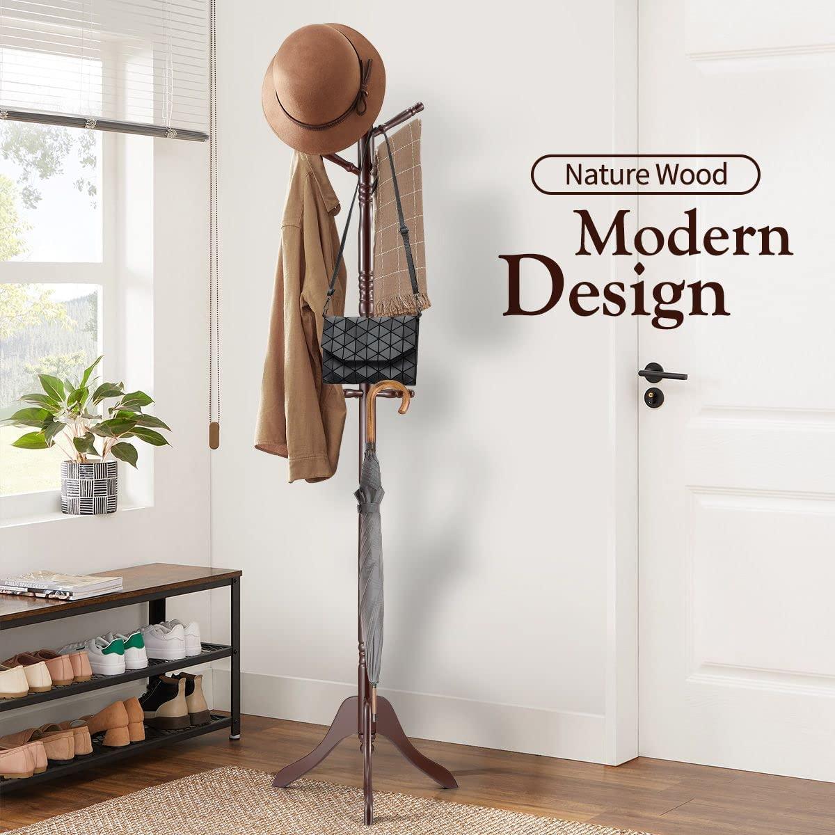 Brown Coat Rack with Stand Wooden Hat and 9 Hooks Hanger Walnut tree