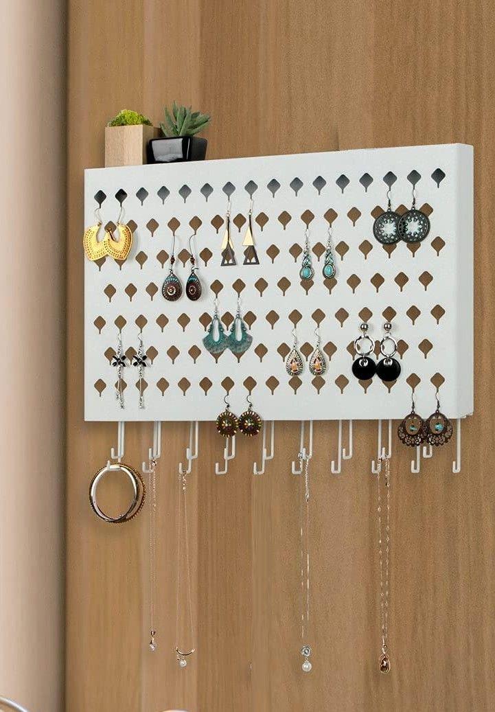 Wall Mount Earring Jewelry Hanger Organizer Holder with 109 Holes and 19 Hooks (White)