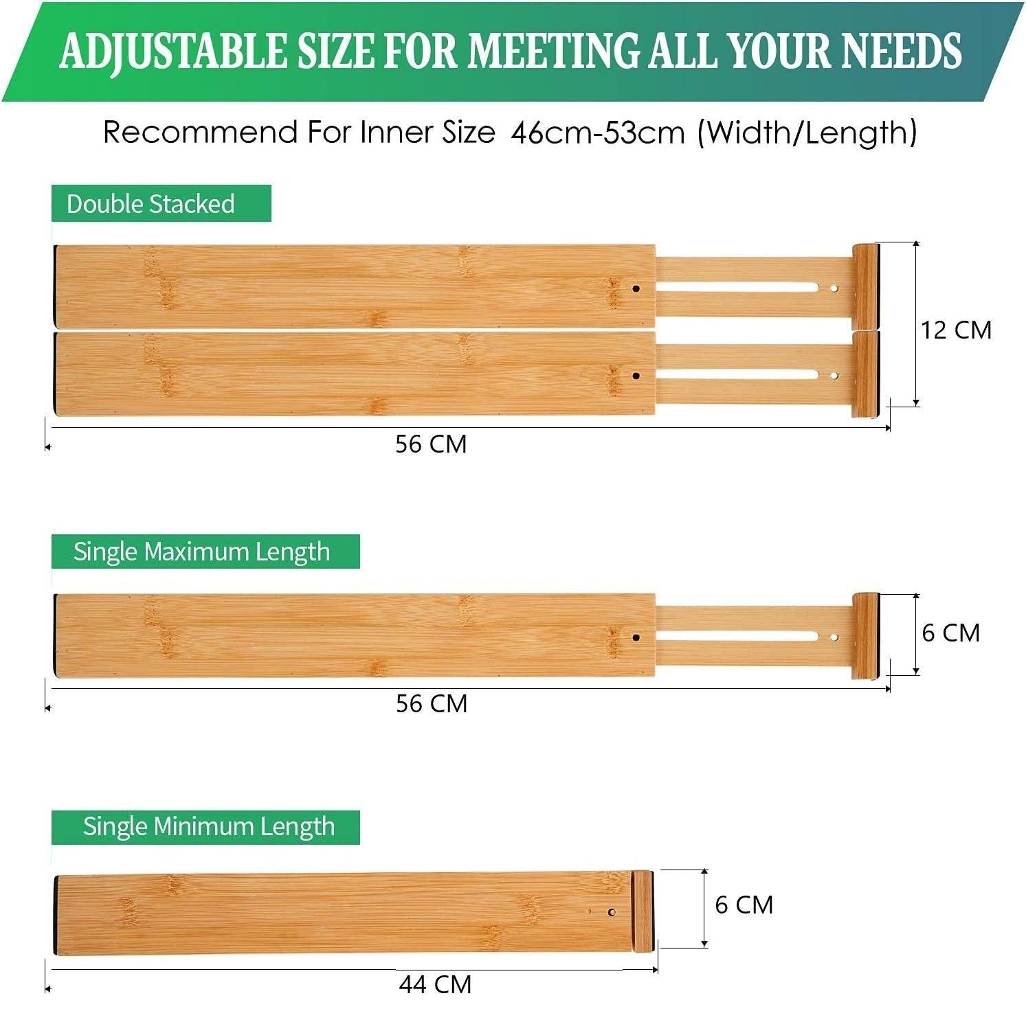 6 Pack Bamboo Adjustable Kitchen Drawer Dividers (Large, 44-55 cm)