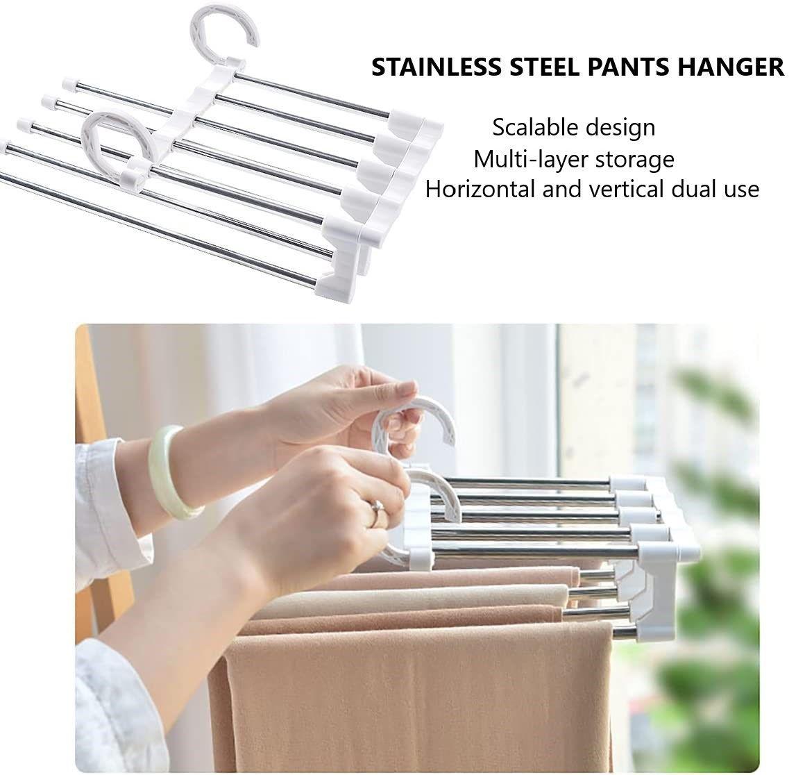 2 Pack Stainless Steel Adjustable 5 in 1 Pants Hangers Non-Slip Space Saving for Home Storage