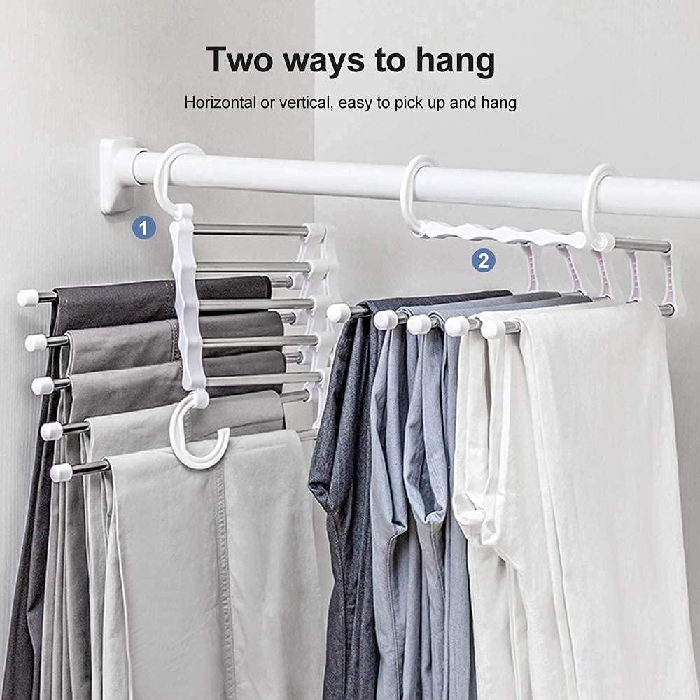 2 Pack Stainless Steel Adjustable 5 in 1 Pants Hangers Non-Slip Space Saving for Home Storage