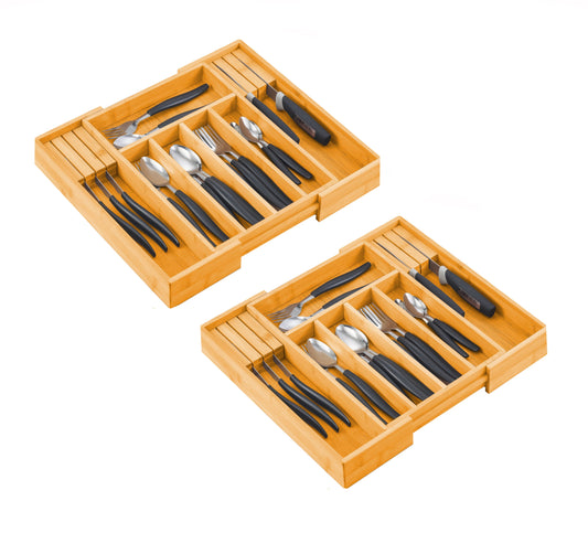 2 Pack Large Capacity Bamboo Expandable Drawer Organizer with Knife Block Holder for Home Kitchen Utensils