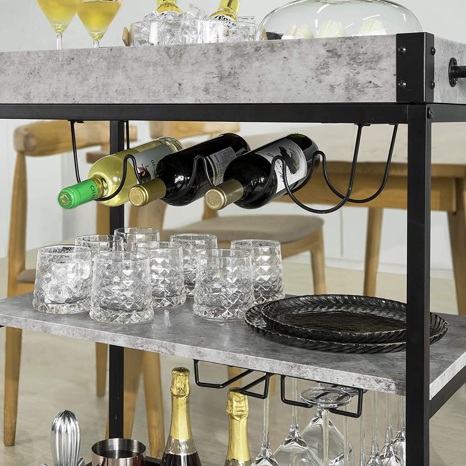 Industrial Vintage Style Wood Metal 3 Tiers Kitchen Serving Trolley with Wine Rack (Grey)