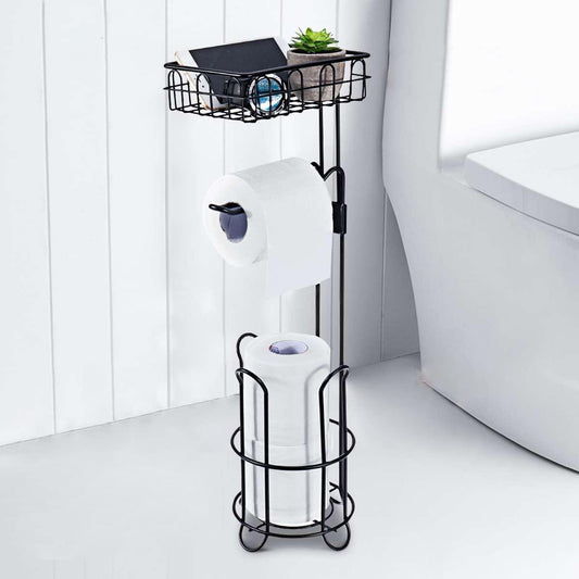 Toilet Paper Holder Stand and Storage Dispenser with Shelf for Bathroom