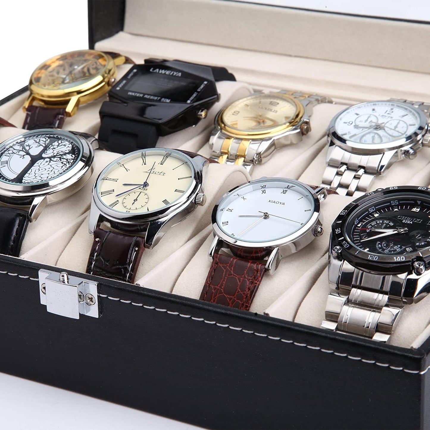 Black PU Leather Watch Organizer Display Storage Box Cases for Men & Women (10 slots)